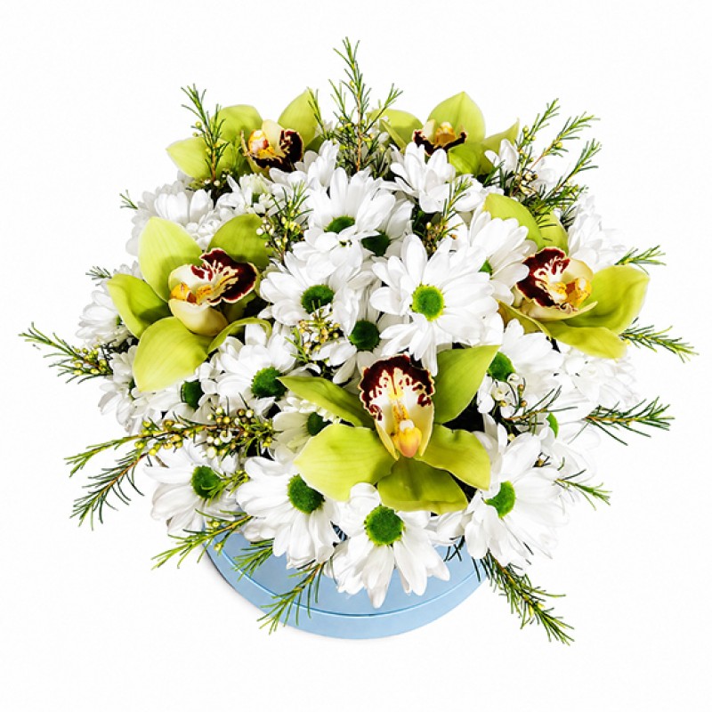 Box with orchids and daisies