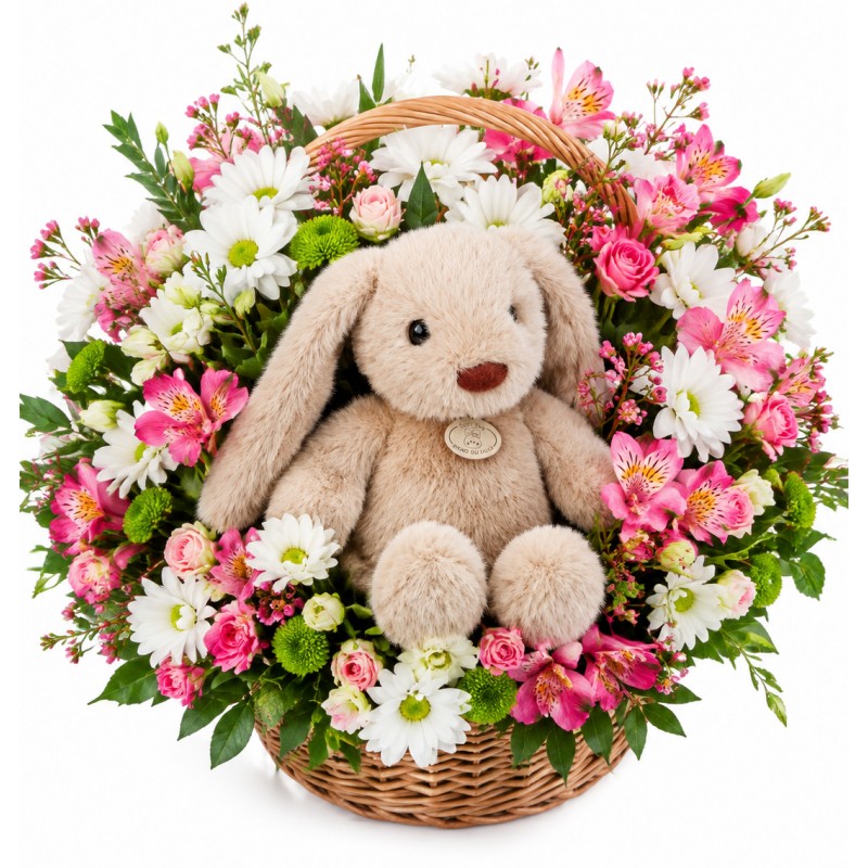 Basket of flowers Flowers and toy