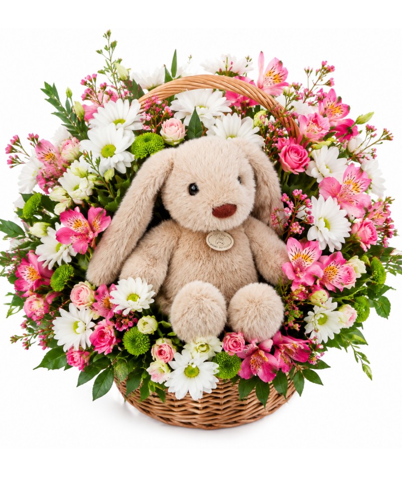 Basket of flowers Flowers and toy